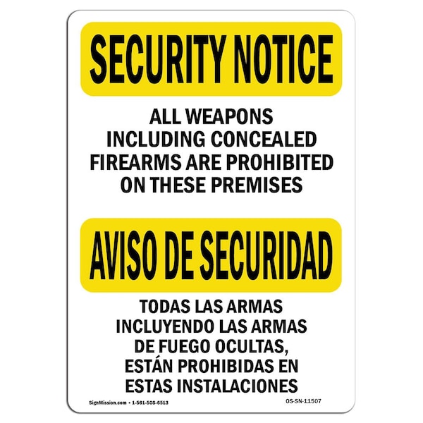OSHA Security Sign, 3.5" Height, 5" Width, All Weapons Prohibited Bilingual, Landscape, 10PK